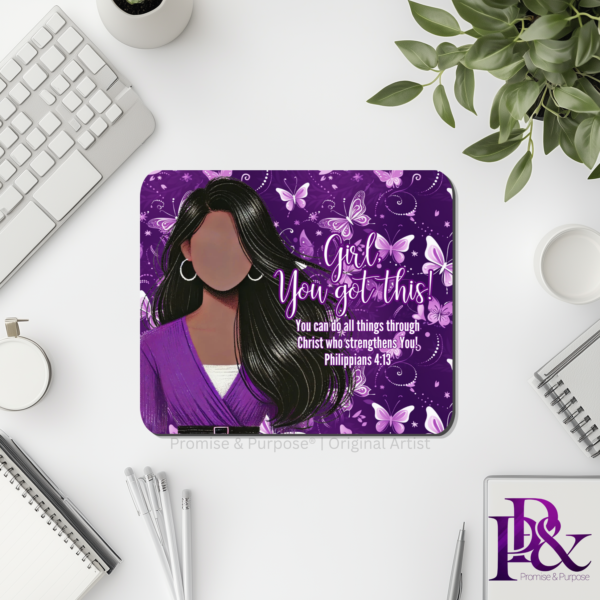 Girl You Got This™ Butterfly Edition Purple Awareness Mousepad featuring a vertical watercolor cluster of purple butterflies symbolizing hope, strength, and awareness
