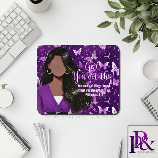 Girl You Got This™ Butterfly Edition Purple Awareness Mousepad featuring a vertical watercolor cluster of purple butterflies symbolizing hope, strength, and awareness