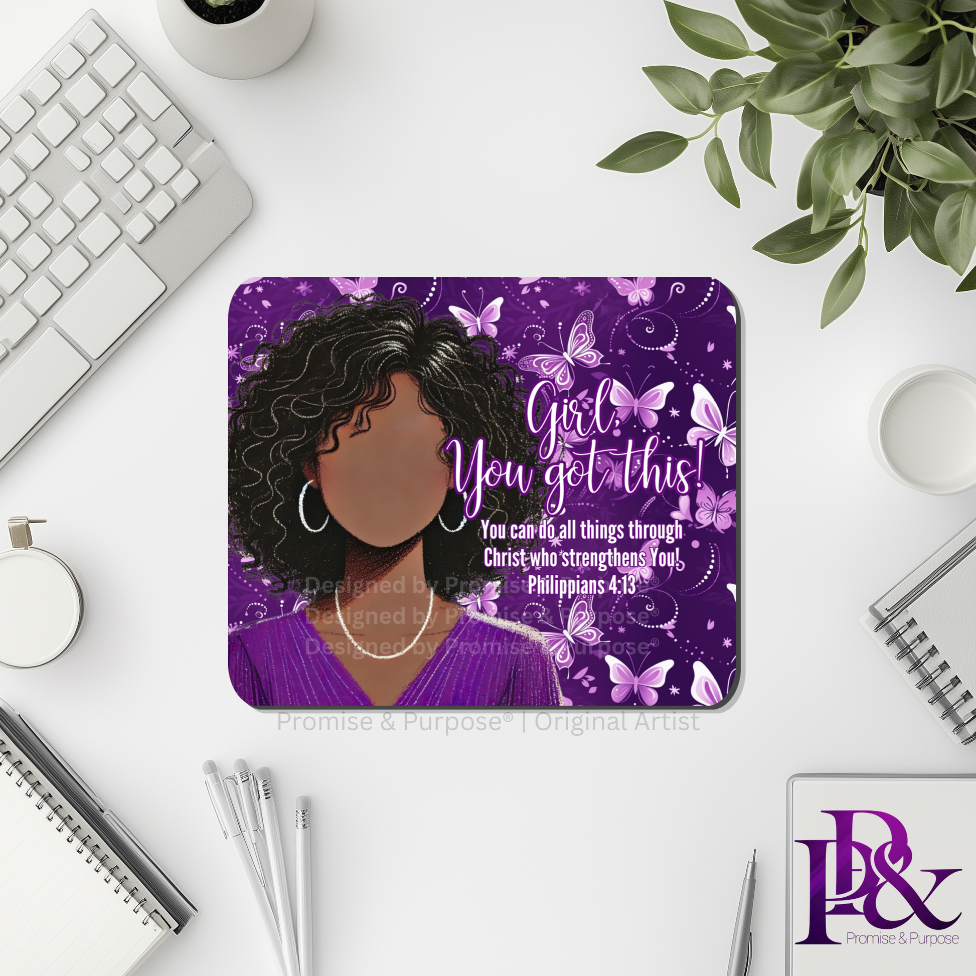 Girl You Got This™ Butterfly Edition Purple Awareness Mousepad featuring a vertical watercolor cluster of purple butterflies symbolizing hope, strength, and awareness