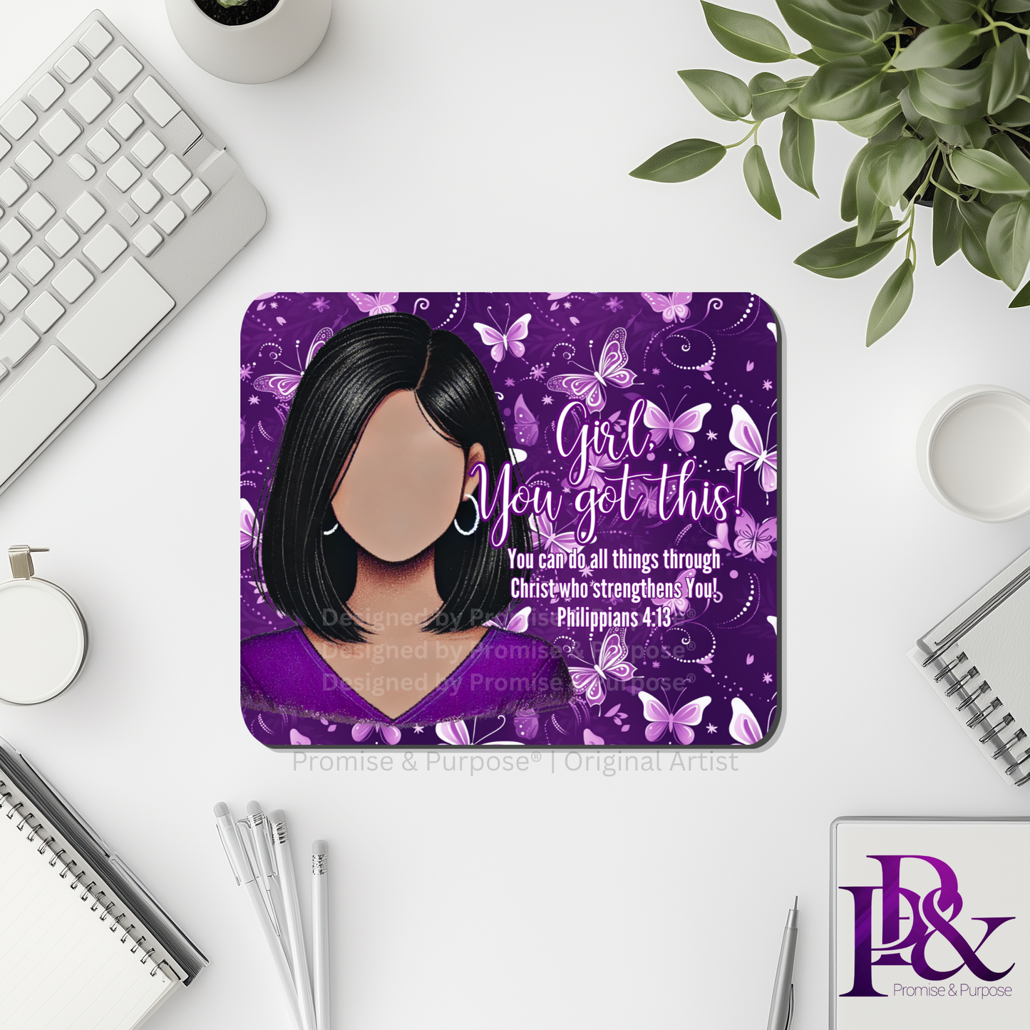Girl You Got This™ Butterfly Edition Purple Awareness Mousepad featuring a vertical watercolor cluster of purple butterflies symbolizing hope, strength, and awareness