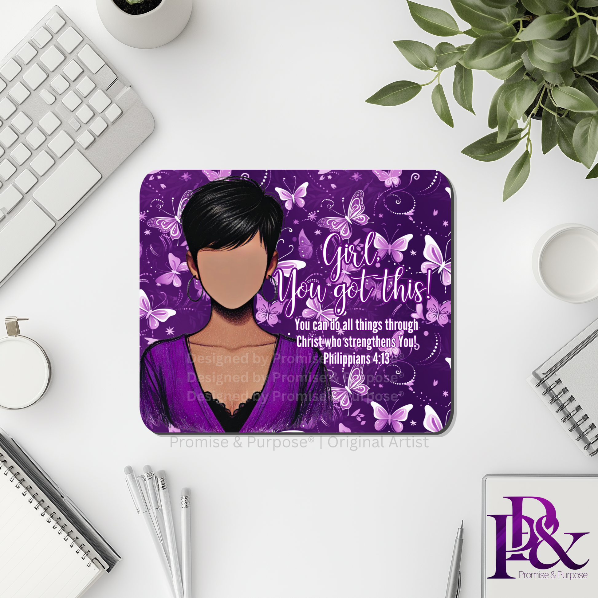Girl You Got This™ Butterfly Edition Purple Awareness Mousepad featuring a vertical watercolor cluster of purple butterflies symbolizing hope, strength, and awareness
