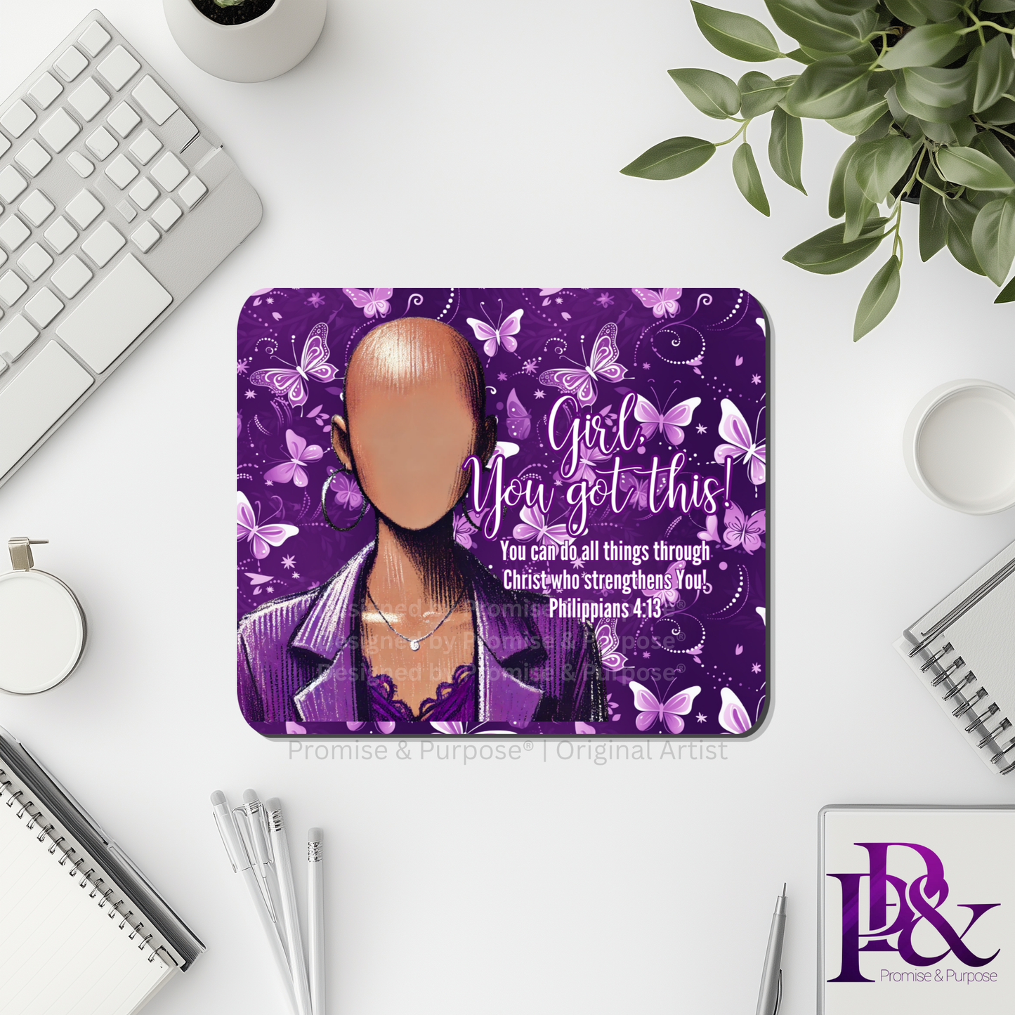 Girl You Got This™ Butterfly Edition Purple Awareness Mousepad featuring a vertical watercolor cluster of purple butterflies symbolizing hope, strength, and awareness