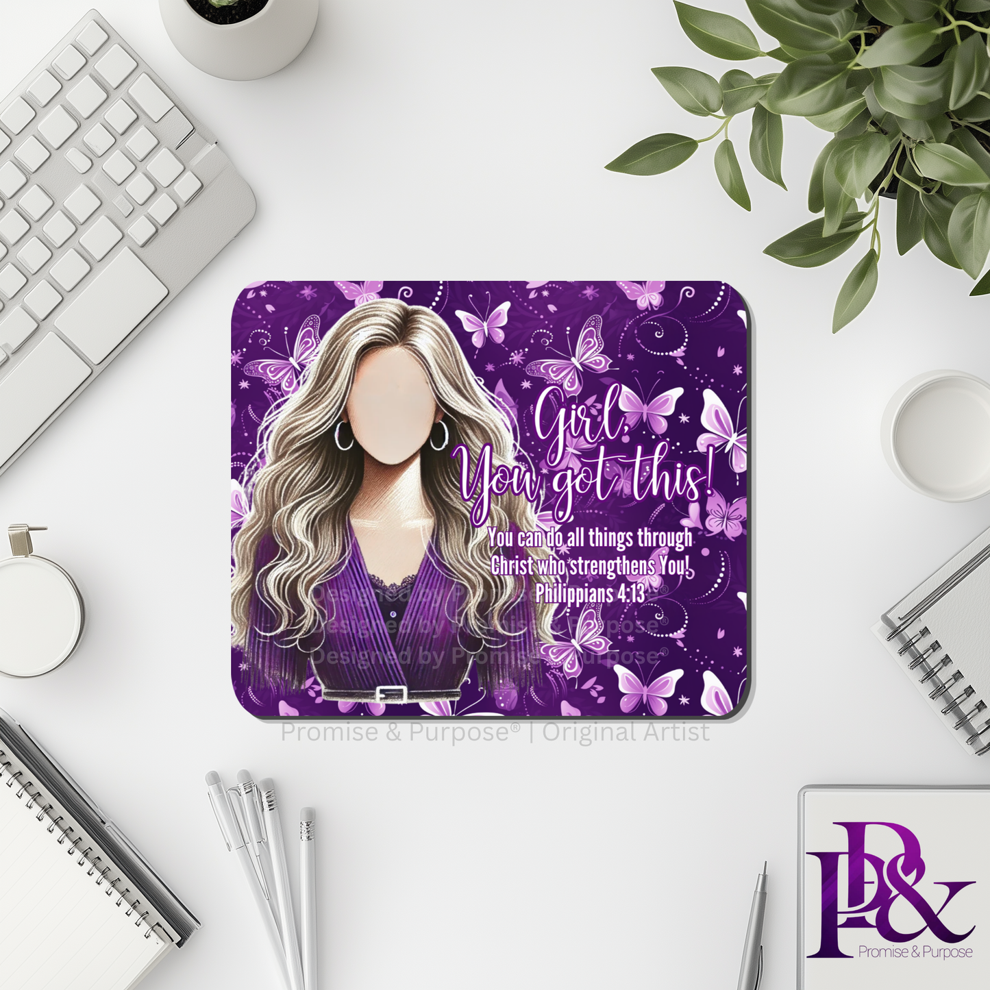 Girl You Got This™ Butterfly Edition Purple Awareness Mousepad featuring a vertical watercolor cluster of purple butterflies symbolizing hope, strength, and awareness