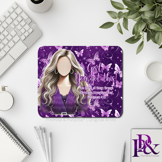 Girl You Got This™ Butterfly Edition Purple Awareness Mousepad featuring a vertical watercolor cluster of purple butterflies symbolizing hope, strength, and awareness