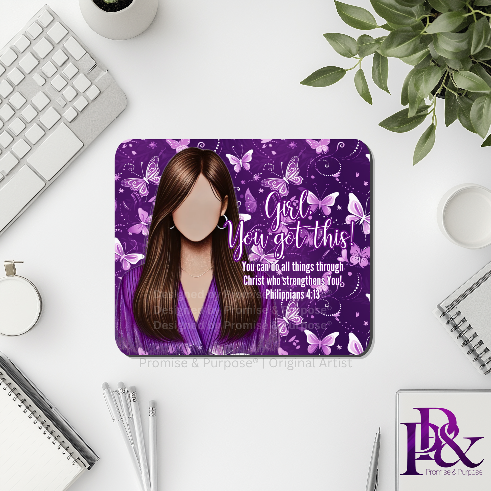 Girl You Got This™ Butterfly Edition Purple Awareness Mousepad featuring a vertical watercolor cluster of purple butterflies symbolizing hope, strength, and awareness