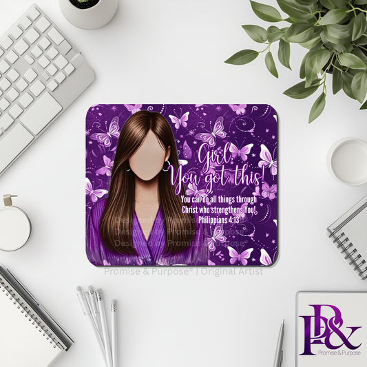 Girl You Got This™ Butterfly Edition Purple Awareness Mousepad featuring a vertical watercolor cluster of purple butterflies symbolizing hope, strength, and awareness
