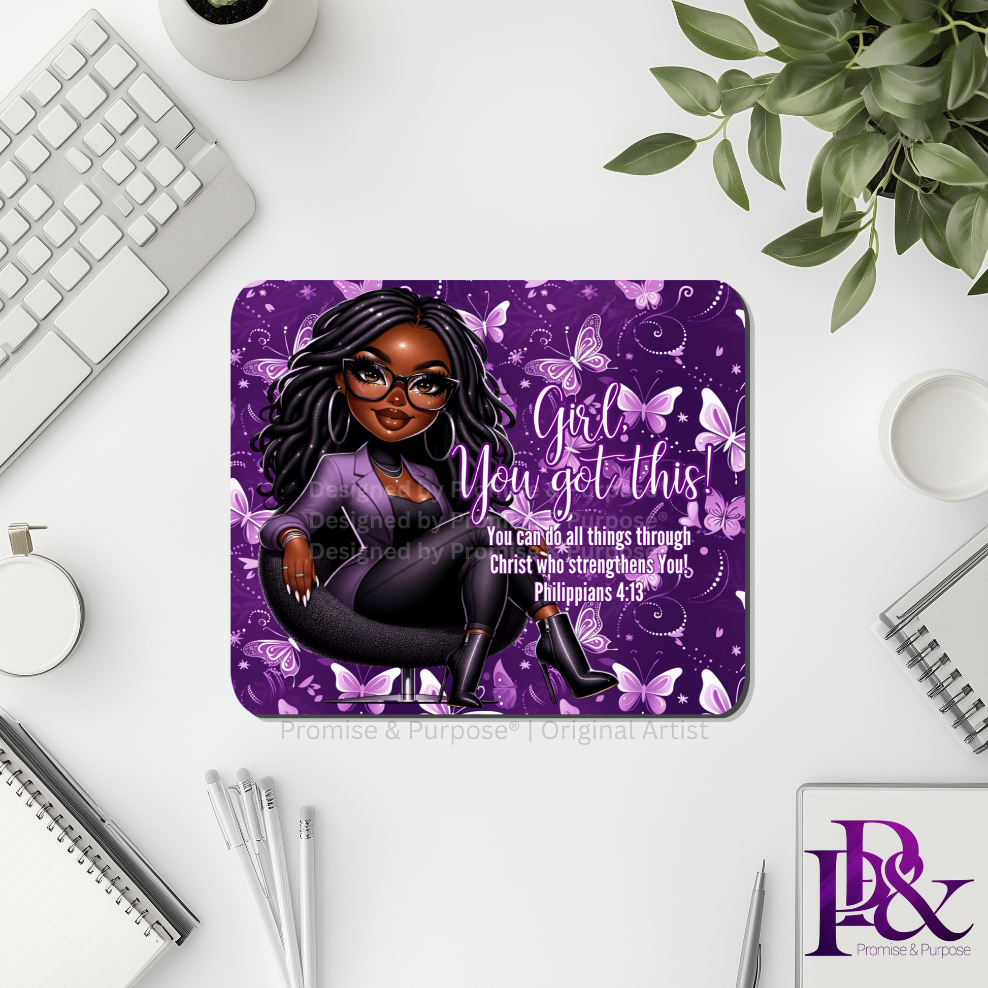 Girl You Got This™ Butterfly Edition Purple Awareness Mousepad featuring a vertical watercolor cluster of purple butterflies symbolizing hope, strength, and awareness