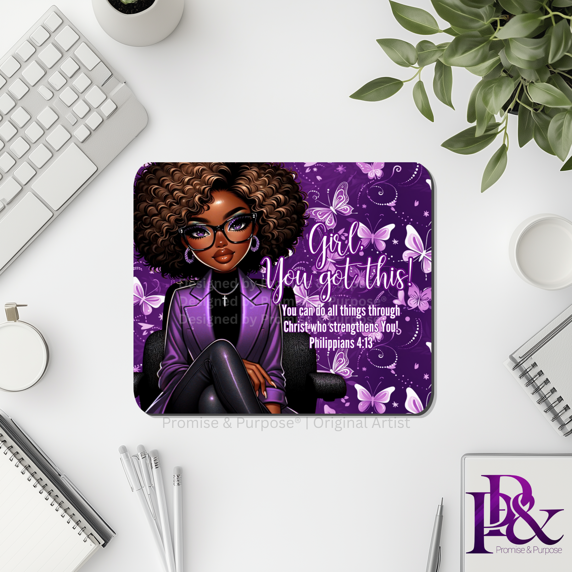 Girl You Got This™ Butterfly Edition Purple Awareness Mousepad featuring a vertical watercolor cluster of purple butterflies symbolizing hope, strength, and awareness