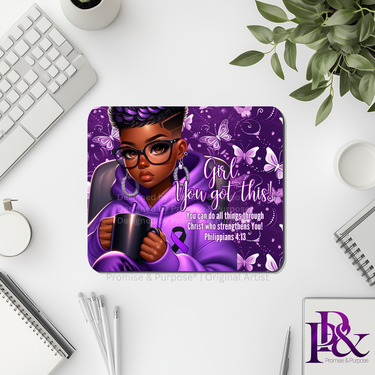 Girl You Got This™ Butterfly Edition Purple Awareness Mousepad featuring a vertical watercolor cluster of purple butterflies symbolizing hope, strength, and awareness