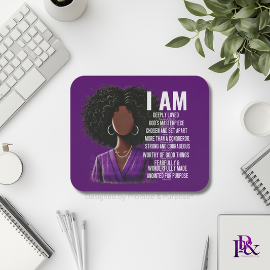 I Am Scripture Affirmation by Promise and Purpose mousepad for faith office desk decor and workspace inspiration