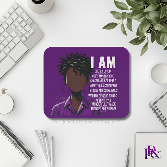 I Am Scripture Affirmation by Promise and Purpose mousepad for faith office desk decor and workspace inspiration