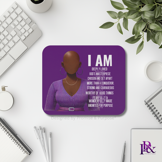 I Am Scripture Affirmation by Promise and Purpose mousepad for faith office desk decor and workspace inspiration