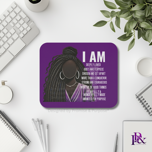 I Am Scripture Affirmation by Promise and Purpose mousepad for faith office desk decor and workspace inspiration