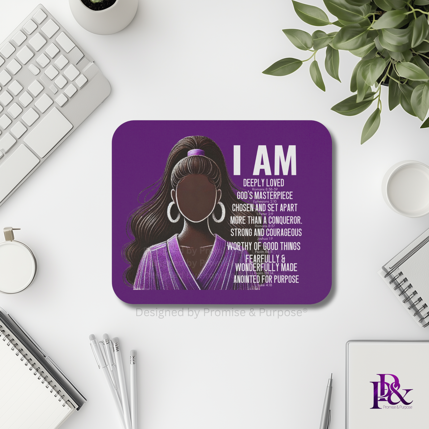 I Am Scripture Affirmation by Promise and Purpose mousepad for faith office desk decor and workspace inspiration