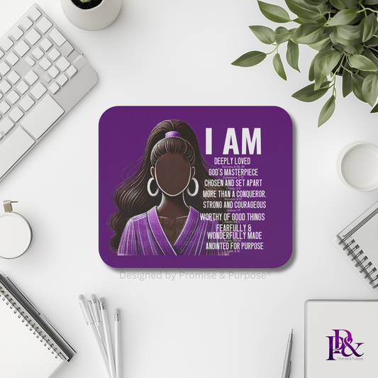 I Am Scripture Affirmation by Promise and Purpose mousepad for faith office desk decor and workspace inspiration