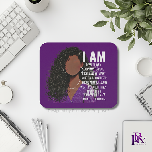 I Am Scripture Affirmation by Promise and Purpose mousepad for faith office desk decor and workspace inspiration