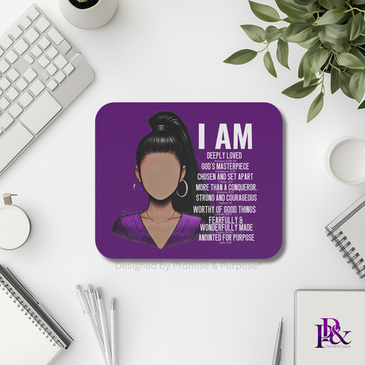 I Am Scripture Affirmation by Promise and Purpose mousepad for faith office desk decor and workspace inspiration