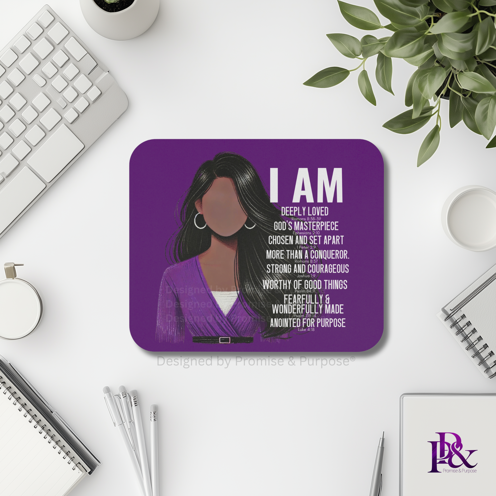 I Am Scripture Affirmation by Promise and Purpose mousepad for faith office desk decor and workspace inspiration