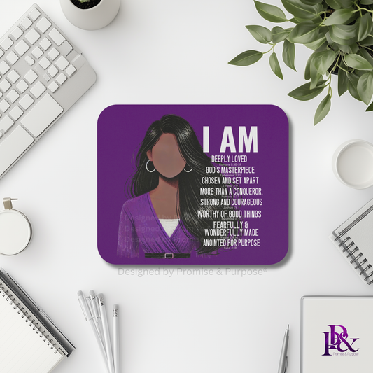 I Am Scripture Affirmation by Promise and Purpose mousepad for faith office desk decor and workspace inspiration