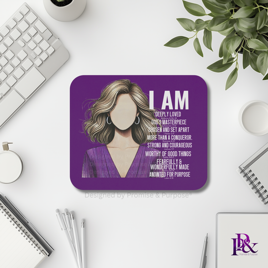 I Am Scripture Affirmation by Promise and Purpose mousepad for faith office desk decor and workspace inspiration