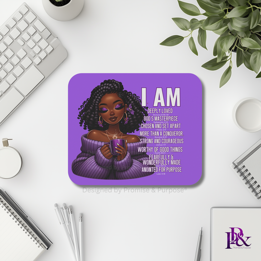 I Am Scripture Affirmation by Promise and Purpose mousepad for faith office desk decor and workspace inspiration