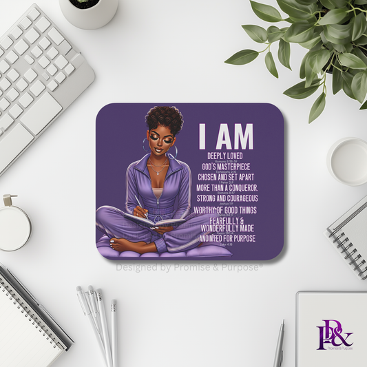 I Am Scripture Affirmation by Promise and Purpose mousepad for faith office desk decor and workspace inspiration