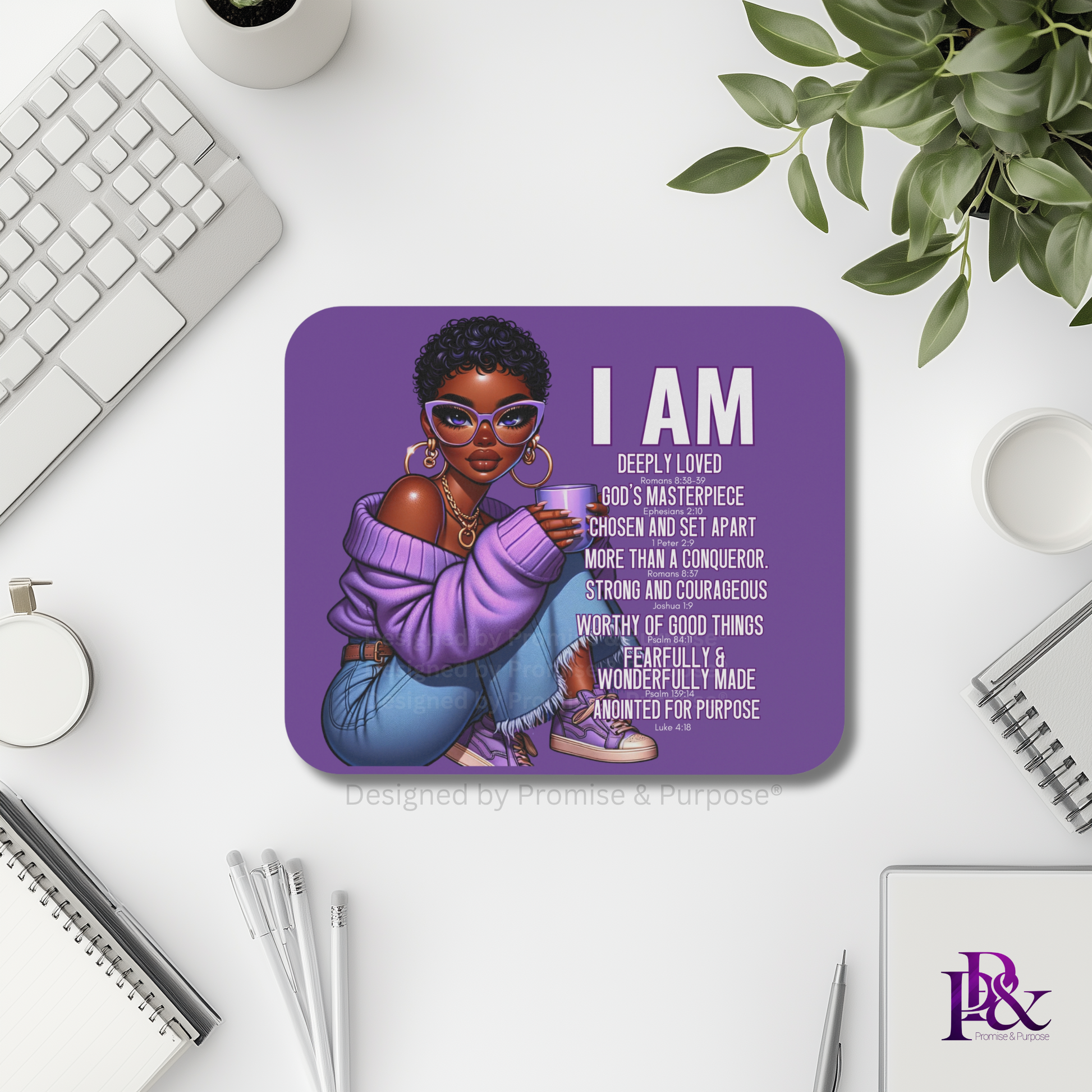 I Am Scripture Affirmation by Promise and Purpose mousepad for faith office desk decor and workspace inspiration
