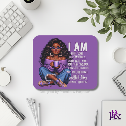 I Am Scripture Affirmation by Promise and Purpose mousepad for faith office desk decor and workspace inspiration