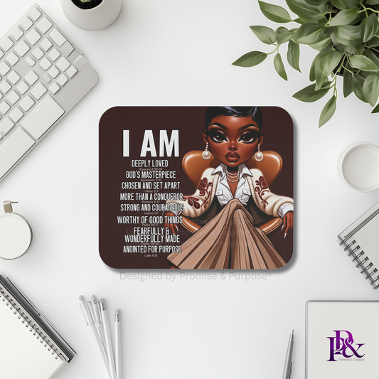 I Am Scripture Affirmation by Promise and Purpose mousepad for faith office desk decor and workspace inspiration
