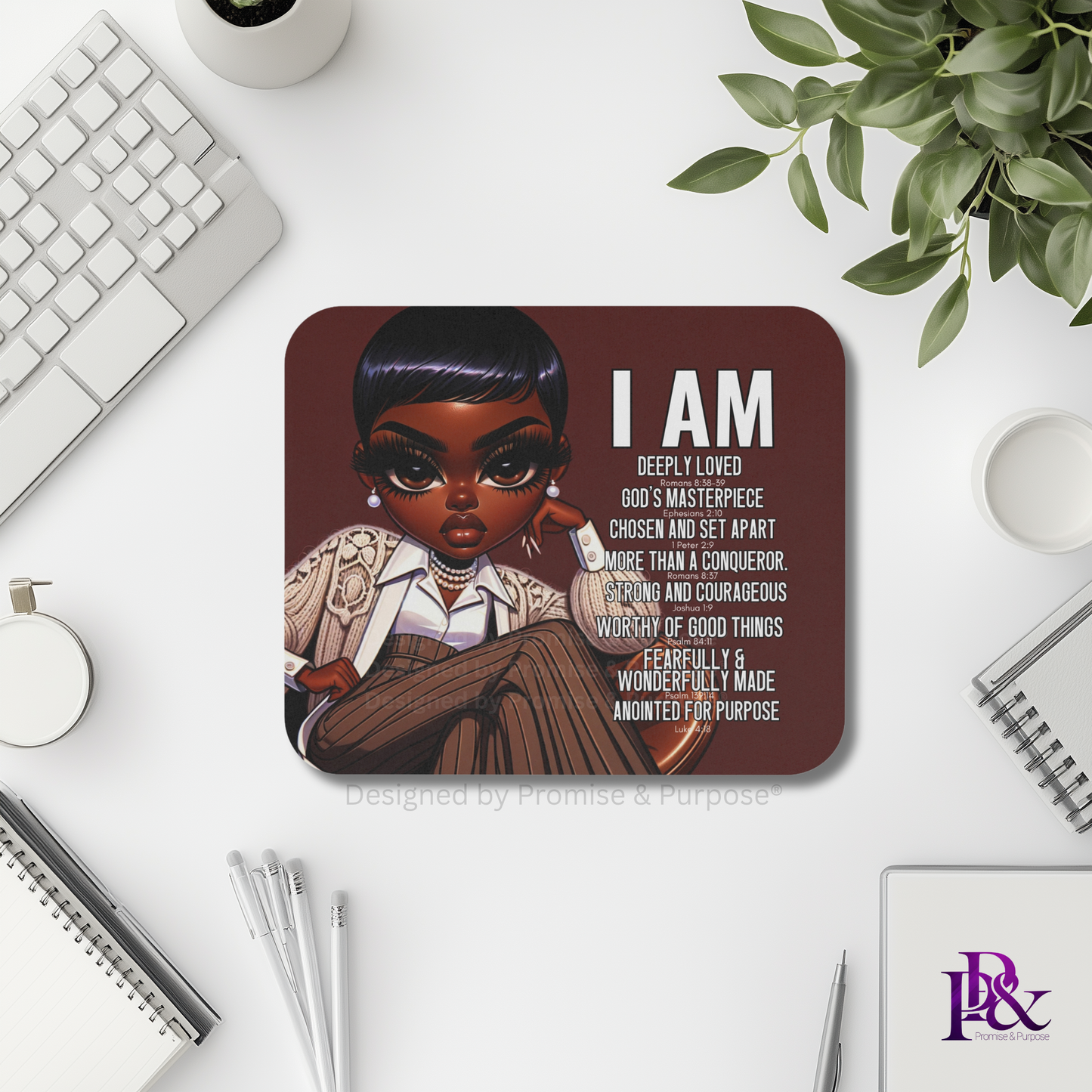 I Am Scripture Affirmation by Promise and Purpose mousepad for faith office desk decor and workspace inspiration
