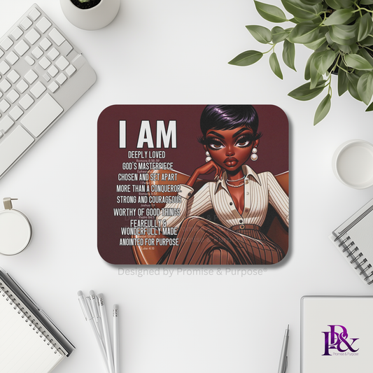 I Am Scripture Affirmation by Promise and Purpose mousepad for faith office desk decor and workspace inspiration