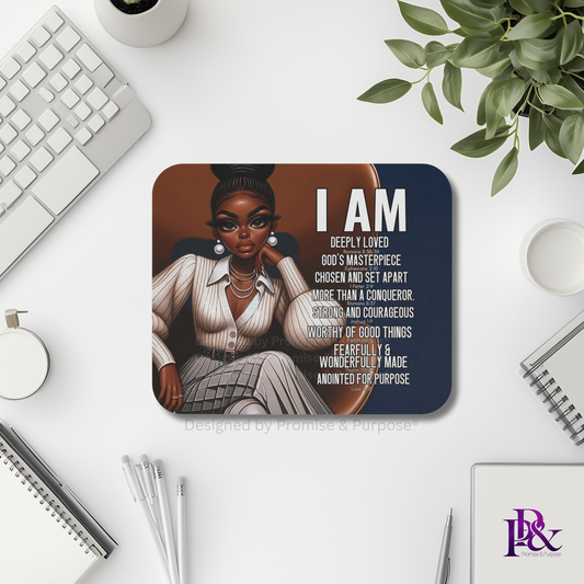 I Am Scripture Affirmation by Promise and Purpose mousepad for faith office desk decor and workspace inspiration