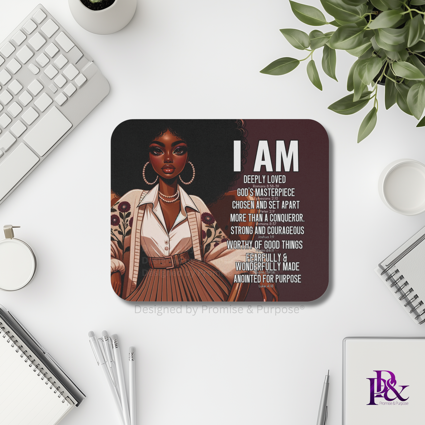 I Am Scripture Affirmation by Promise and Purpose mousepad for faith office desk decor and workspace inspiration