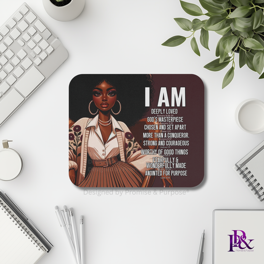 I Am Scripture Affirmation by Promise and Purpose mousepad for faith office desk decor and workspace inspiration