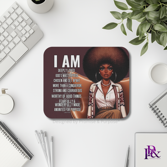 I Am Scripture Affirmation by Promise and Purpose mousepad for faith office desk decor and workspace inspiration