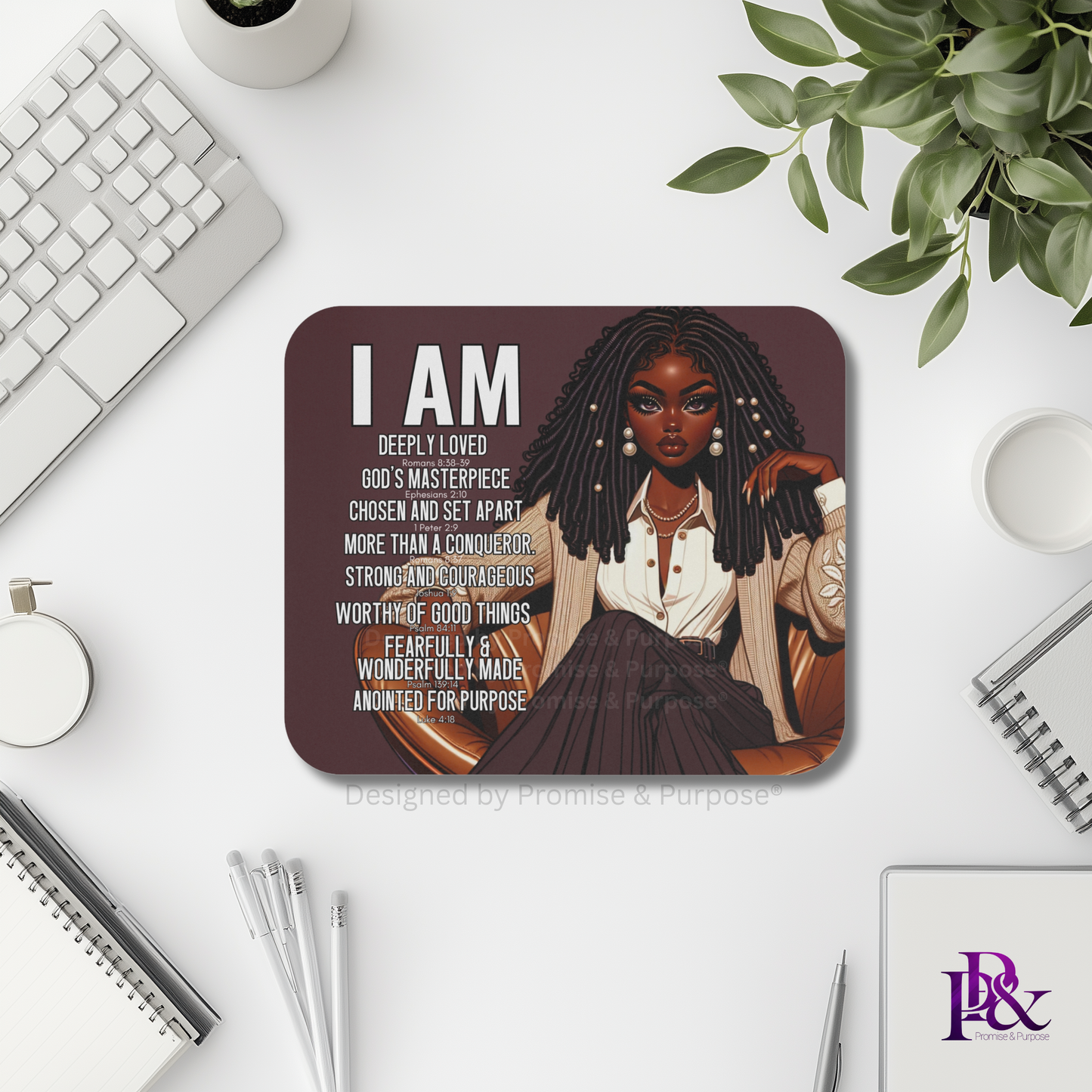 I Am Scripture Affirmation by Promise and Purpose mousepad for faith office desk decor and workspace inspiration