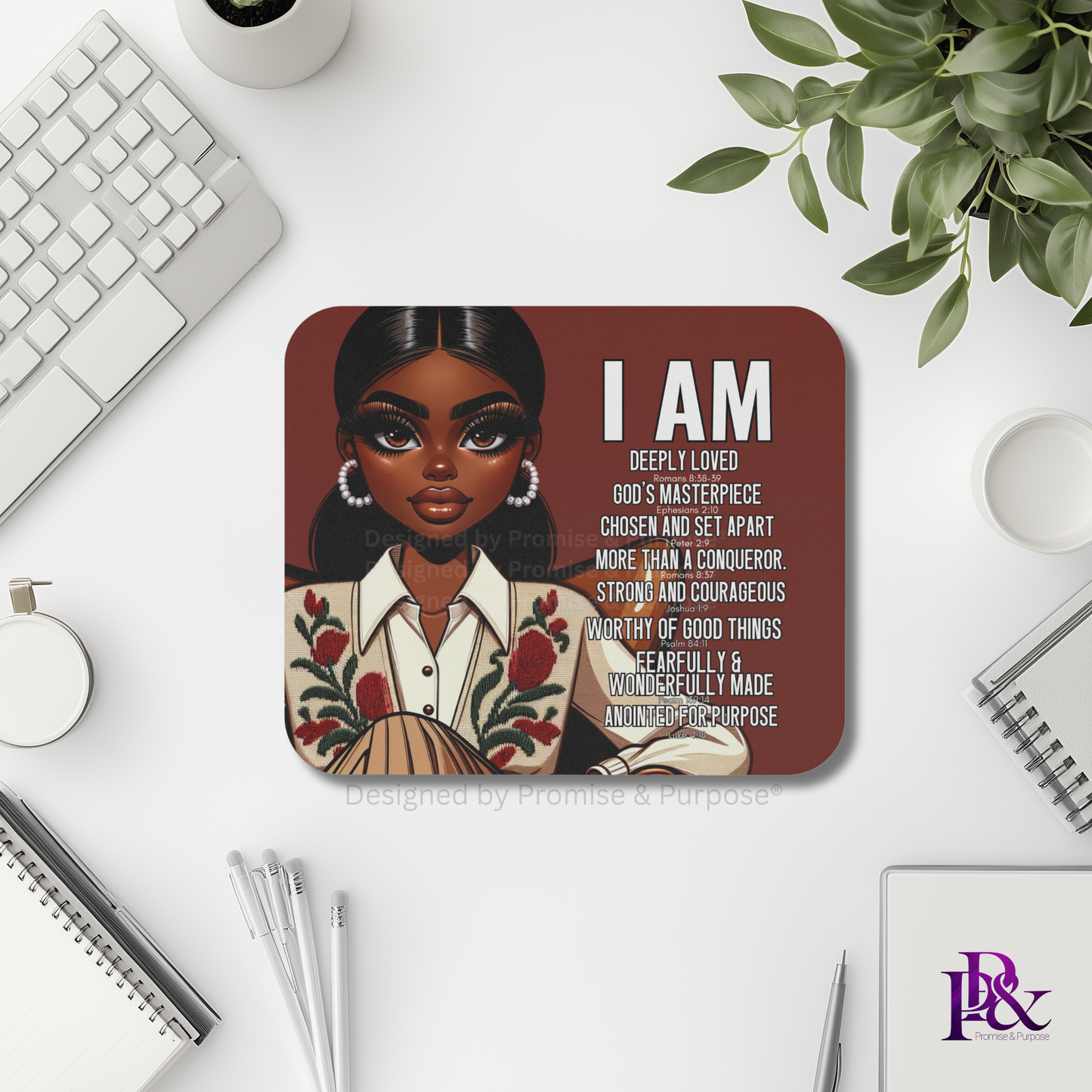 I Am Scripture Affirmation by Promise and Purpose mousepad for faith office desk decor and workspace inspiration