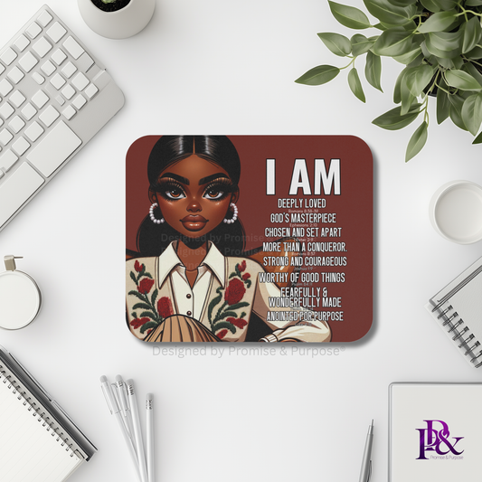 I Am Scripture Affirmation by Promise and Purpose mousepad for faith office desk decor and workspace inspiration
