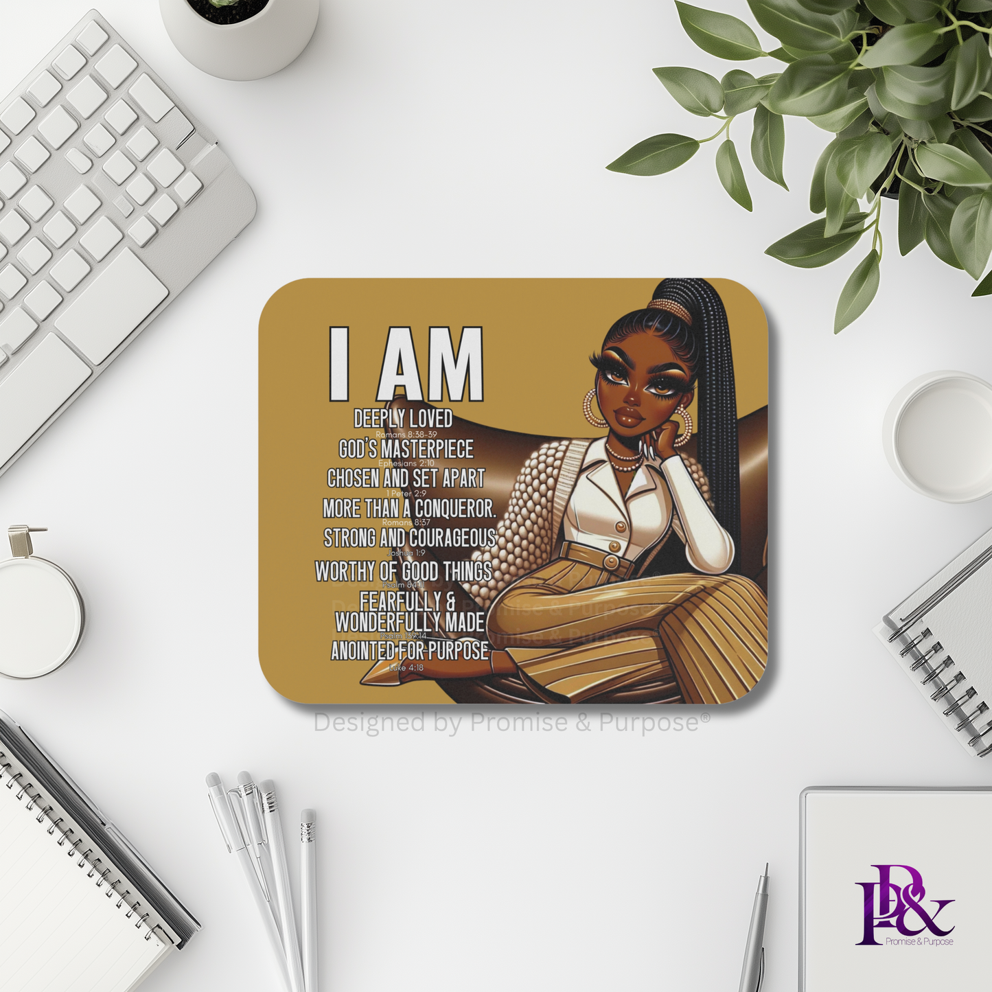 I Am Scripture Affirmation by Promise and Purpose mousepad for faith office desk decor and workspace inspiration