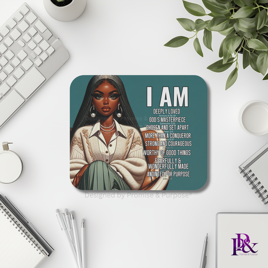 I Am Scripture Affirmation by Promise and Purpose mousepad for faith office desk decor and workspace inspiration
