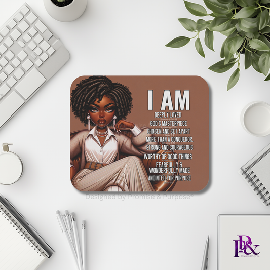 I Am Scripture Affirmation by Promise and Purpose mousepad for faith office desk decor and workspace inspiration