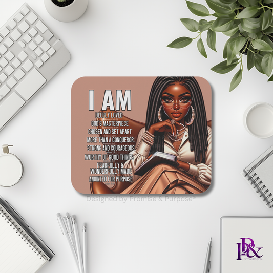 I Am Scripture Affirmation by Promise and Purpose mousepad for faith office desk decor and workspace inspiration