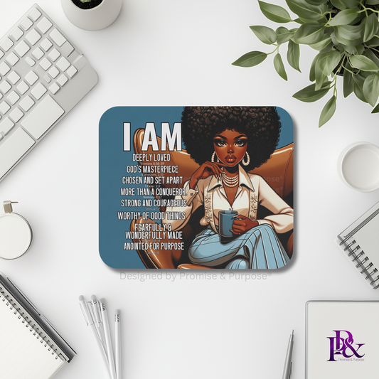 I Am Scripture Affirmation by Promise and Purpose mousepad for faith office desk decor and workspace inspiration