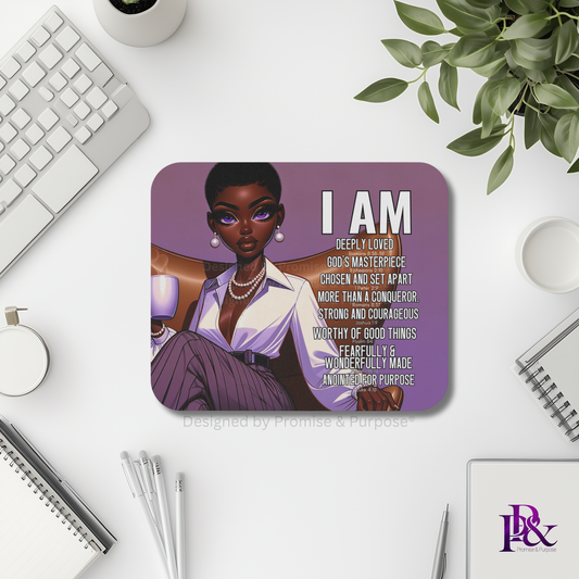 I Am Scripture Affirmation by Promise and Purpose mousepad for faith office desk decor and workspace inspiration
