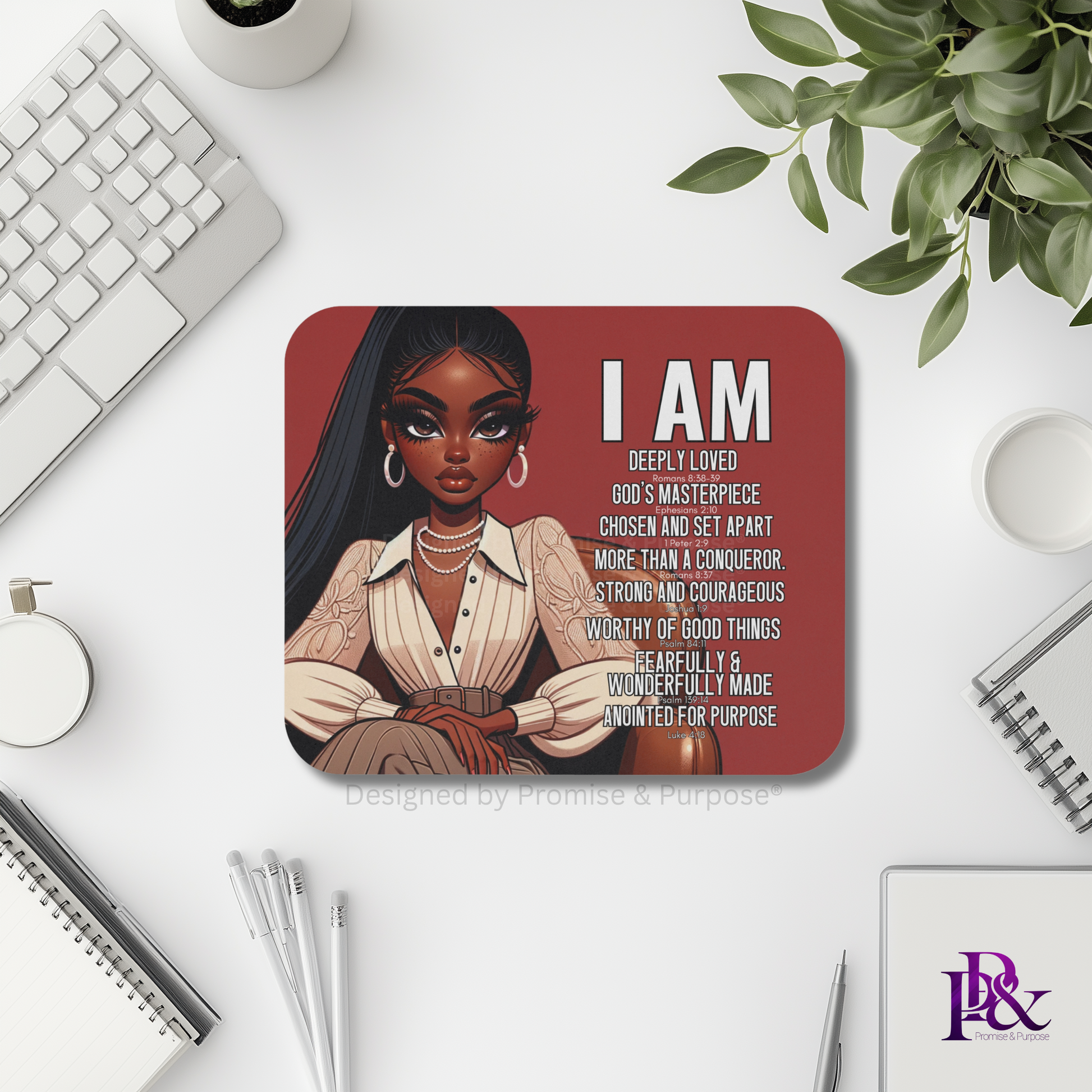 I Am Scripture Affirmation by Promise and Purpose mousepad for faith office desk decor and workspace inspiration