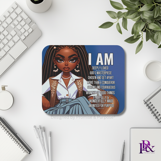 I Am Scripture Affirmation by Promise and Purpose mousepad for faith office desk decor and workspace inspiration