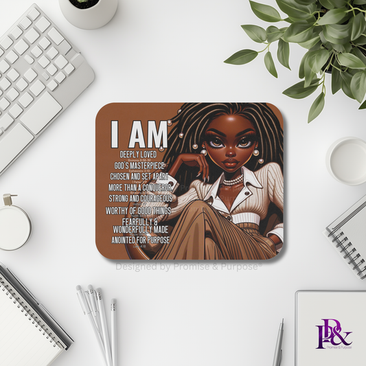 I Am Scripture Affirmation by Promise and Purpose mousepad for faith office desk decor and workspace inspiration