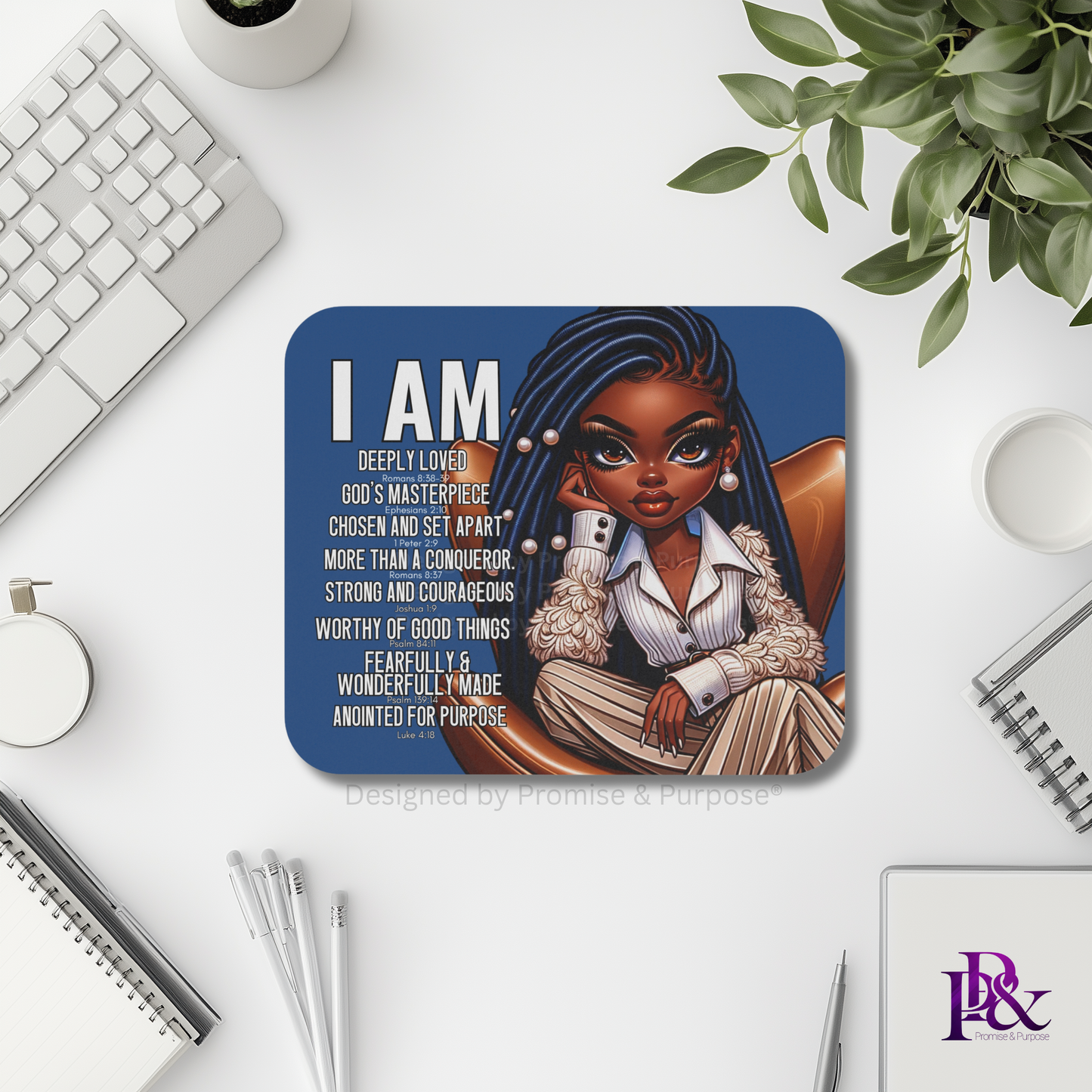 I Am Scripture Affirmation by Promise and Purpose mousepad for faith office desk decor and workspace inspiration