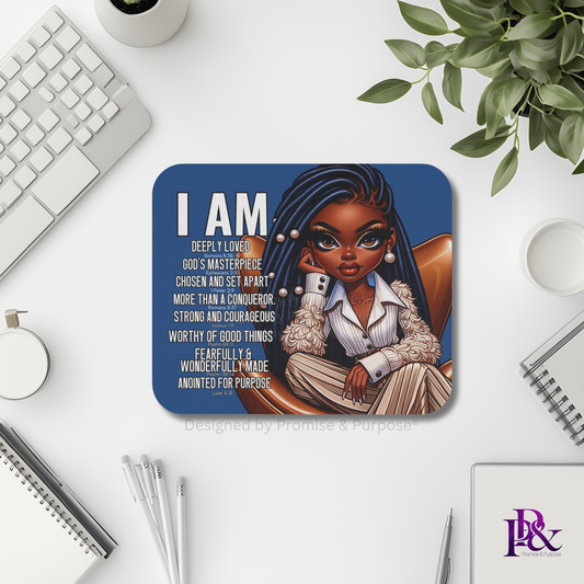 I Am Scripture Affirmation by Promise and Purpose mousepad for faith office desk decor and workspace inspiration