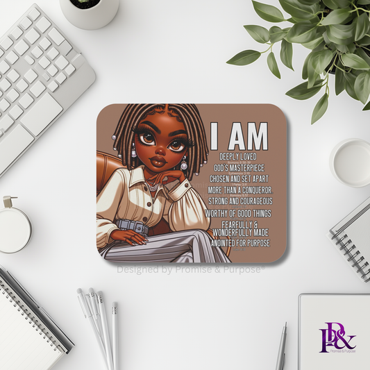 I Am Scripture Affirmation by Promise and Purpose mousepad for faith office desk decor and workspace inspiration